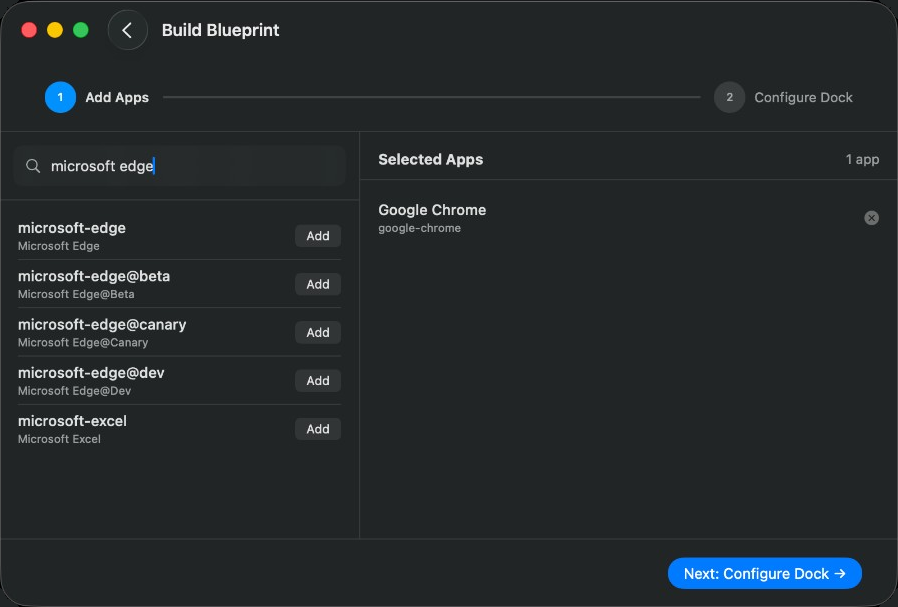 Mac Blueprint wizard adding Homebrew apps, with Google Chrome selected