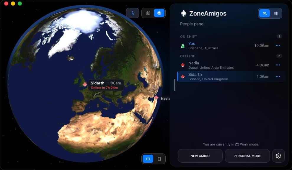 ZoneAmigos globe view with colleagues pinned on a 3D earth and an on-shift list