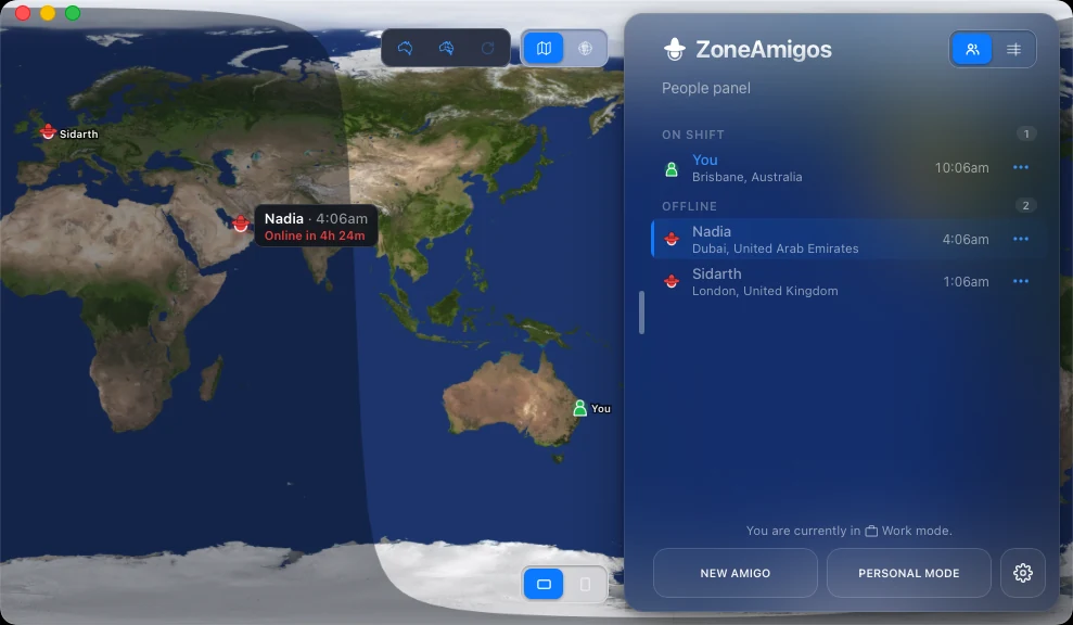 ZoneAmigos map view with day and night shading and colleague markers