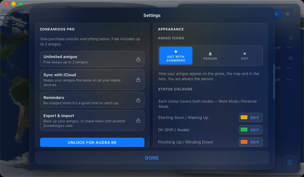 ZoneAmigos settings with Work and Personal modes, data export, and status colours