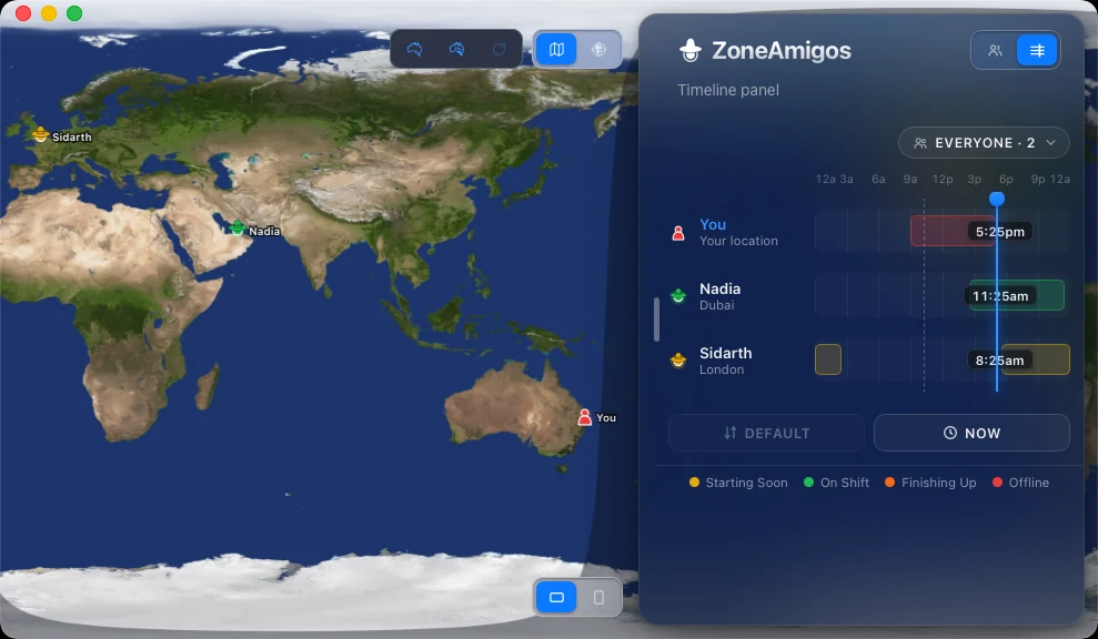 ZoneAmigos timeline comparing local times and shift status across colleagues